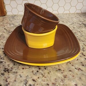 Fieataware Square Plates and Bowls - Chocolate and Marigold